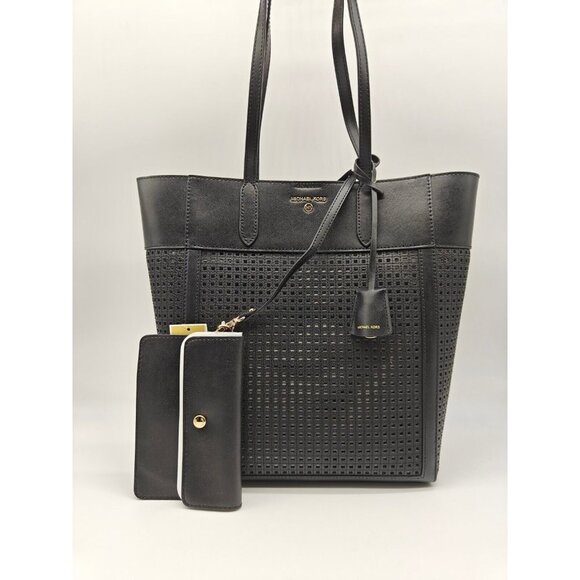 MICHAEL KORS Sinclair perforated leather shopper tote + pouch -- 2 PC SET Black - Picture 1 of 13
